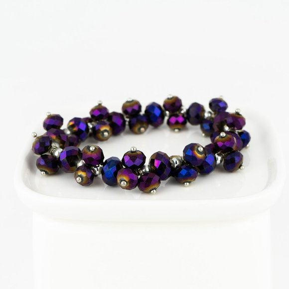Purple Beaded Stretch Bracelet Oil Slick Sheen Sparkle Faceted Glass Silver Tone - Picture 5 of 5